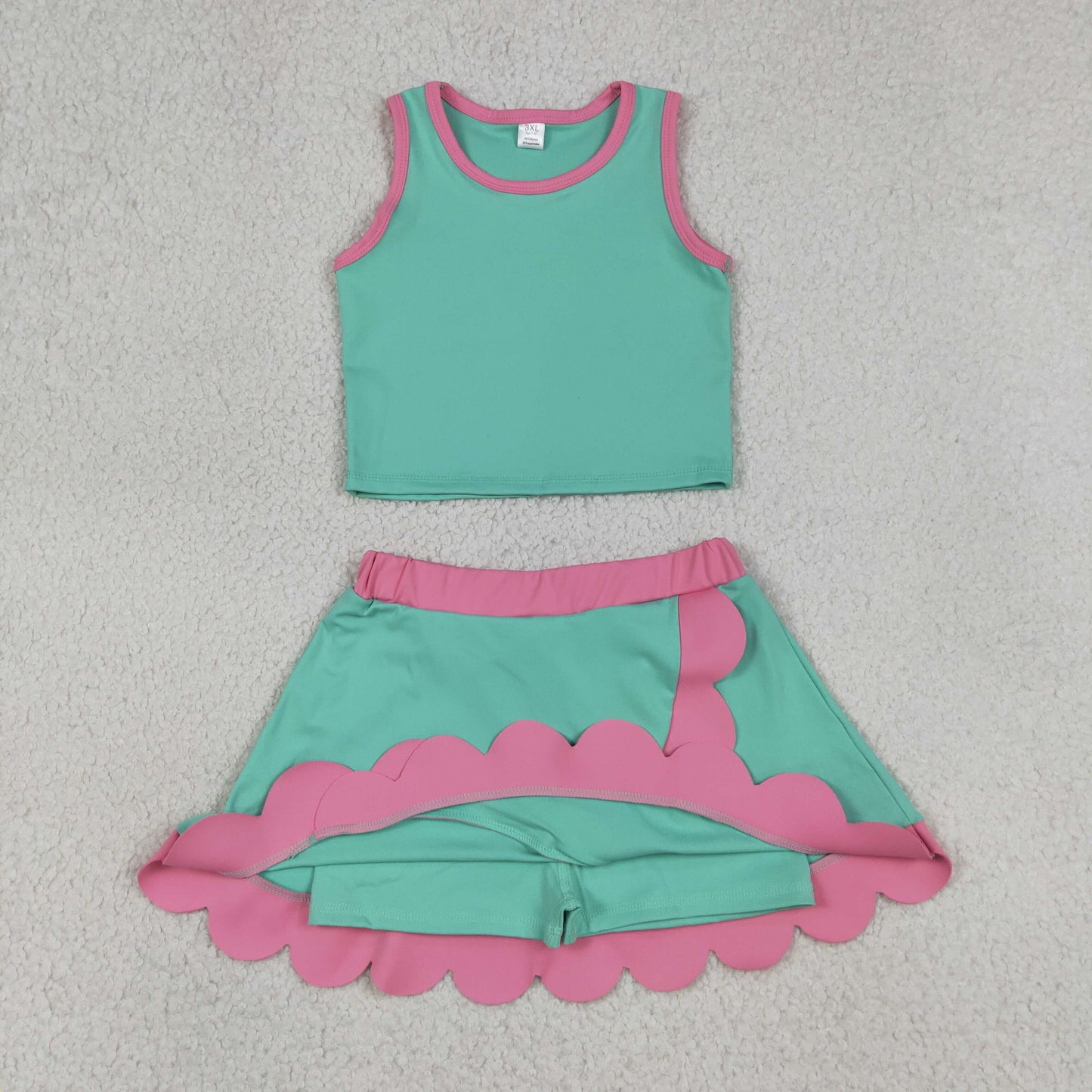 GSD4012 Light Green Pink Wave Ruffle Sleeveless Top with Skirts for Girls Yoga Sets 202605 RTS