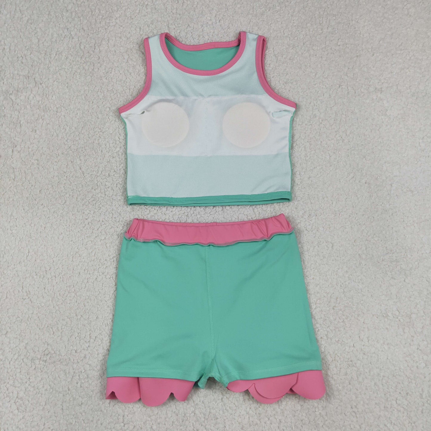 GSD4012 Light Green Pink Wave Ruffle Sleeveless Top with Skirts for Girls Yoga Sets 202605 RTS
