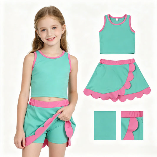 GSD4012 Light Green Pink Wave Ruffle Sleeveless Top with Skirts for Girls Yoga Sets 202605 RTS