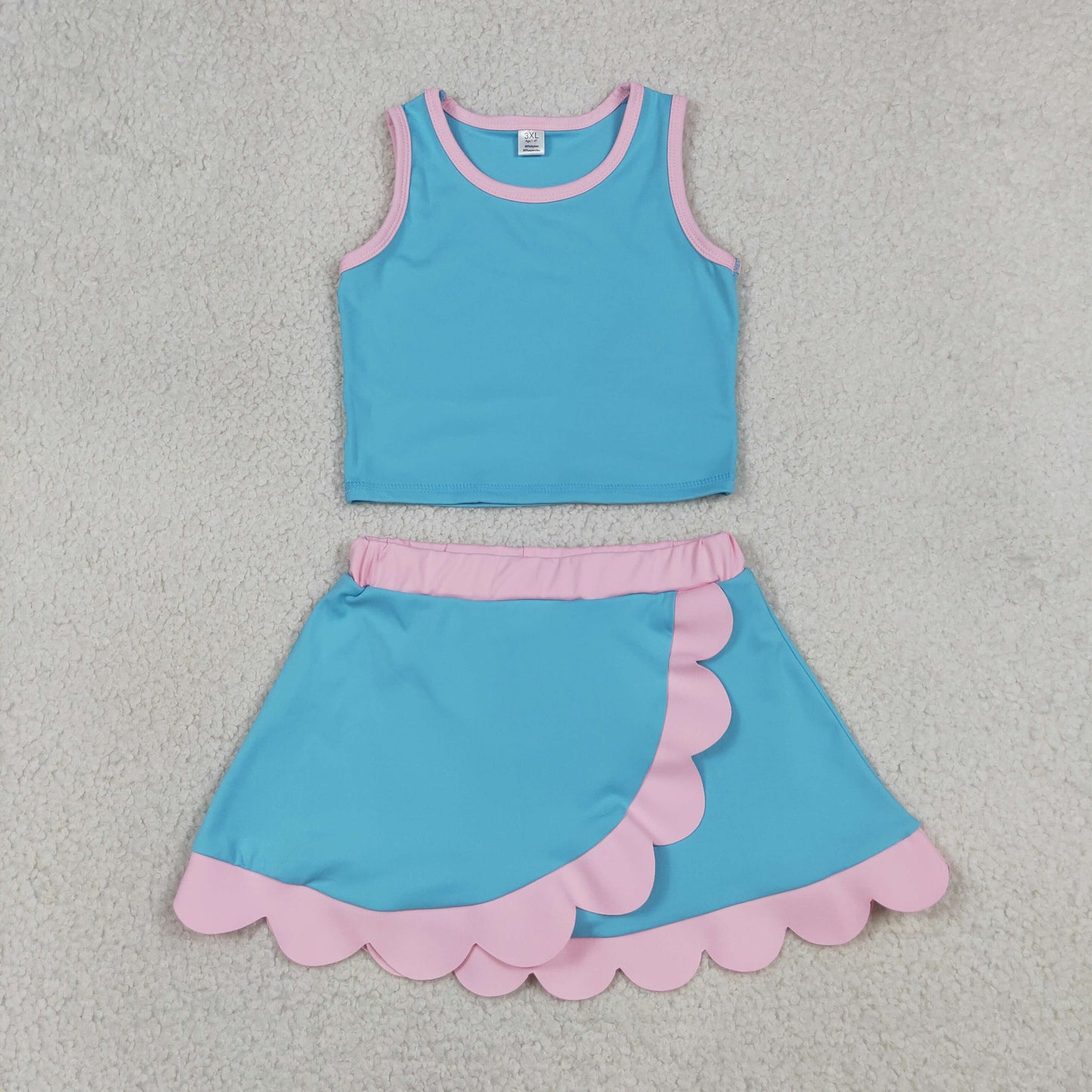 GSD4013 Blue Green Pink Wave Ruffle Sleeveless Top with Skirts for Girls Yoga Sets 202605 RTS