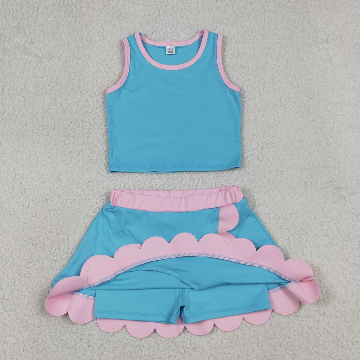 GSD4013 Blue Green Pink Wave Ruffle Sleeveless Top with Skirts for Girls Yoga Sets 202605 RTS