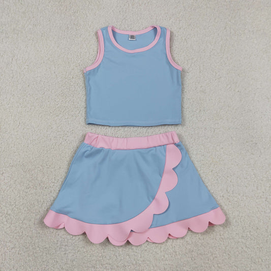 GSD4014 Sky Blue Pink Wave Ruffle Sleeveless Top with Skirts for Girls Yoga Sets 202605