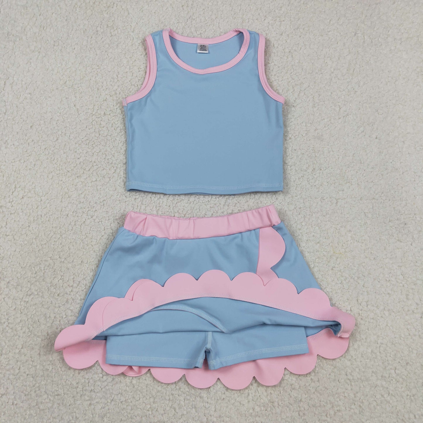 GSD4014 Sky Blue Pink Wave Ruffle Sleeveless Top with Skirts for Girls Yoga Sets 202605