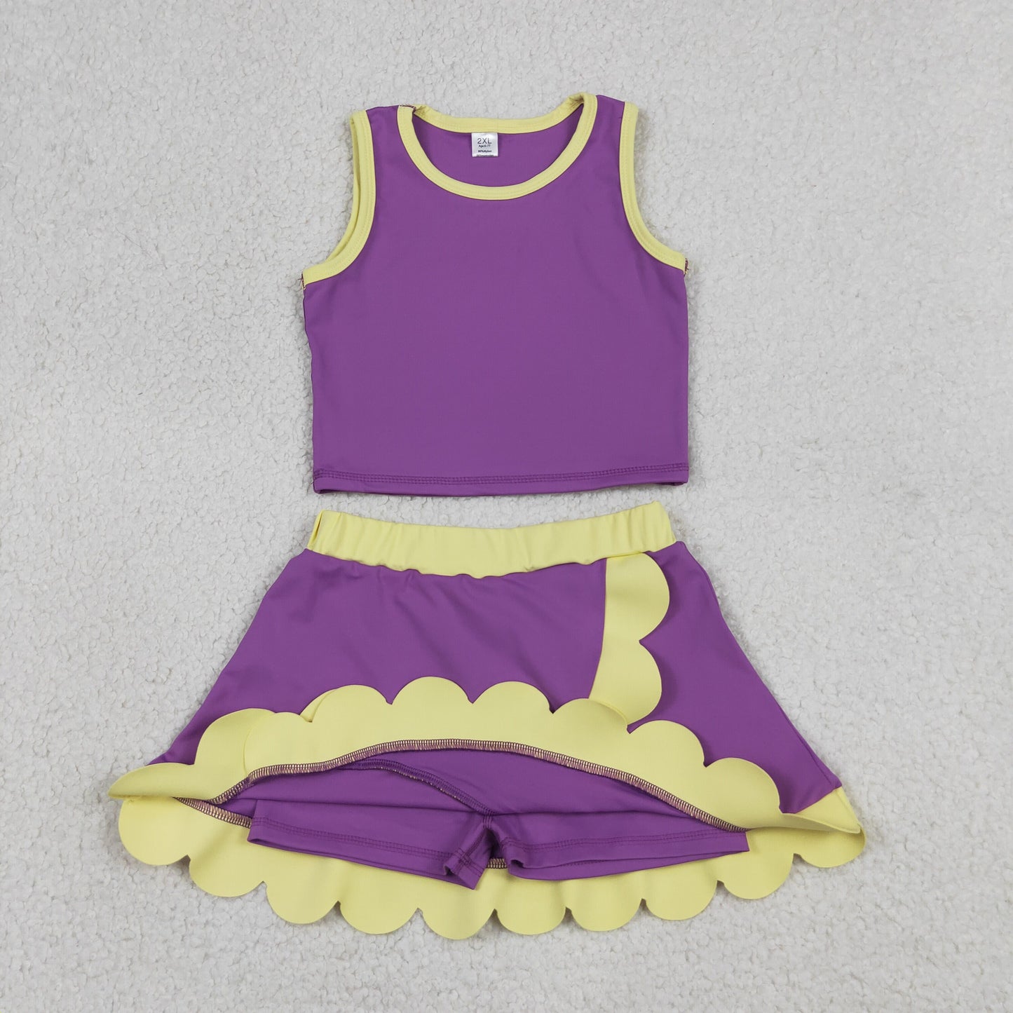 GSD4015 Purple Yellow Wave Ruffle Sleeveless Top with Skirts for Girls Yoga Sets 202605 RTS