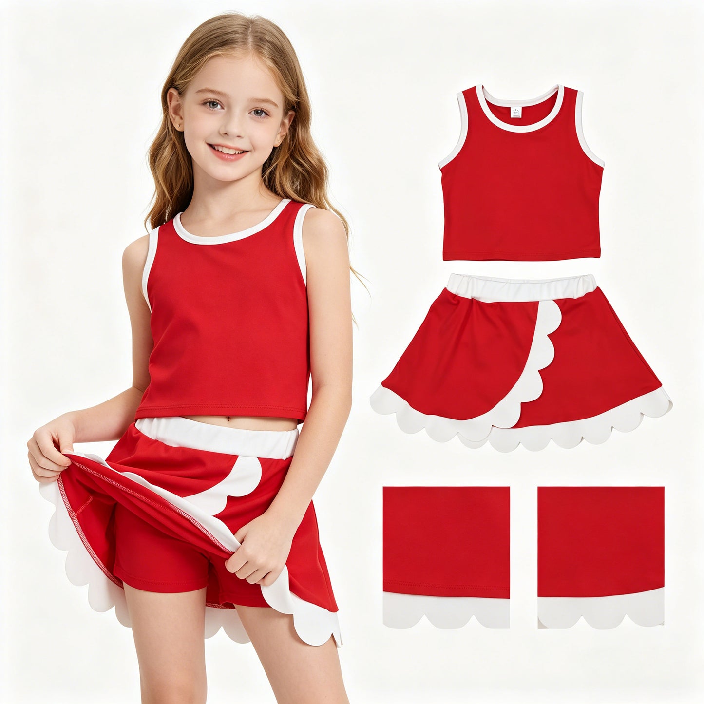 GSD4016 Red White Wave Ruffle Sleeveless Top with Skirts for Girls Yoga Sets 202605 RTS