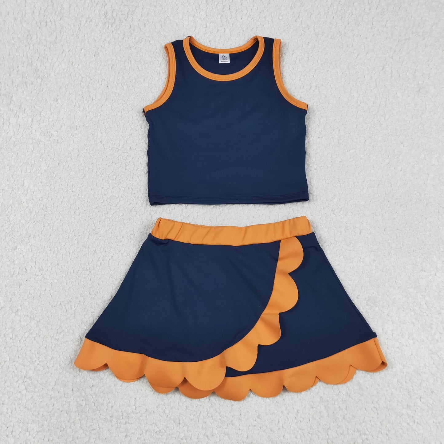 GSD4017 Navy Orange Wave Ruffle Sleeveless Top with Skirts for Girls Yoga Sets 202605 RTS