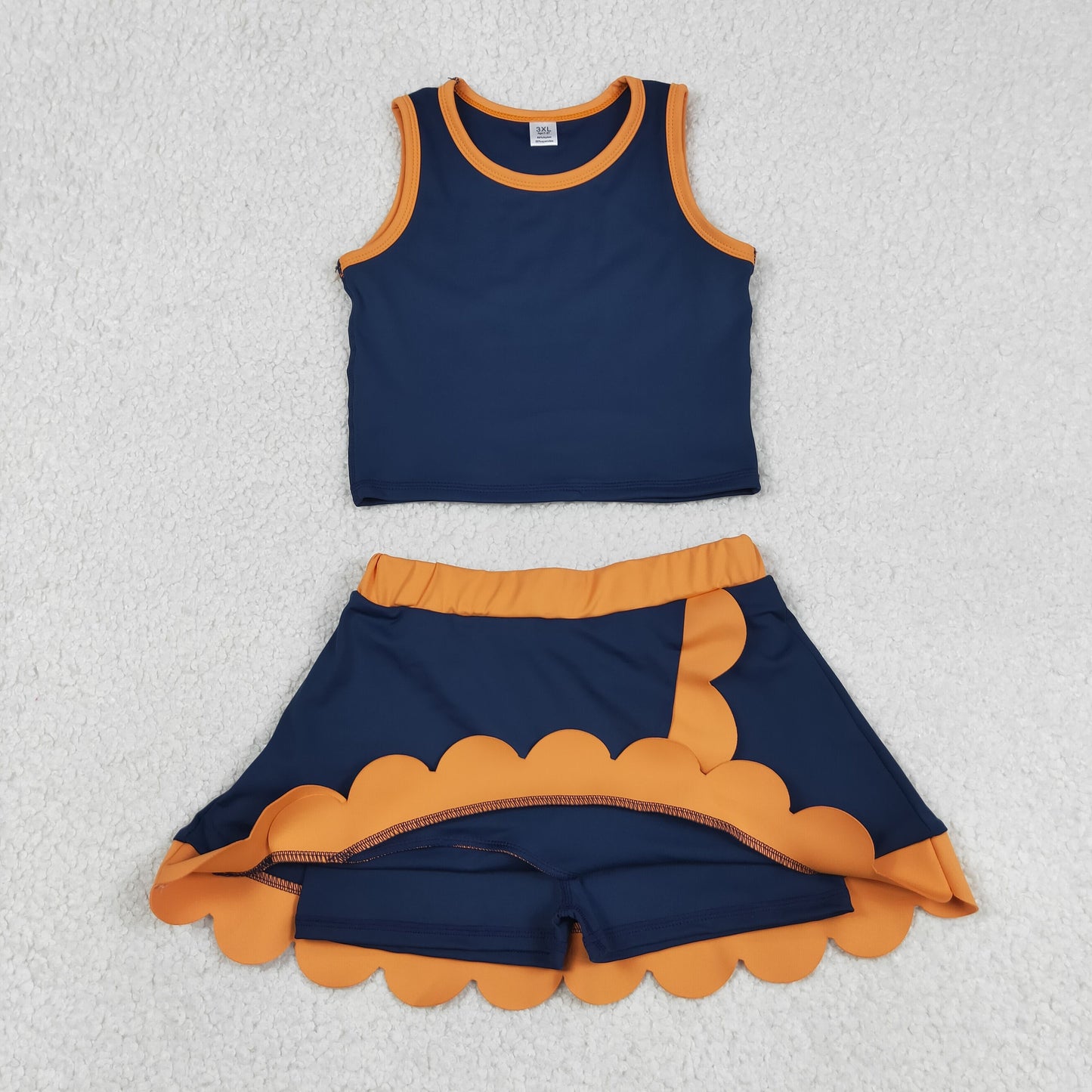 GSD4017 Navy Orange Wave Ruffle Sleeveless Top with Skirts for Girls Yoga Sets 202605 RTS