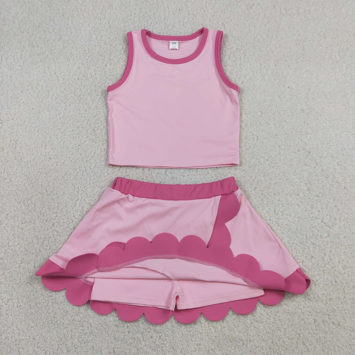 GSD4019 Rose Red Pink Wave Ruffle Sleeveless Top with Skirts for Girls Yoga Sets 202605 RTS