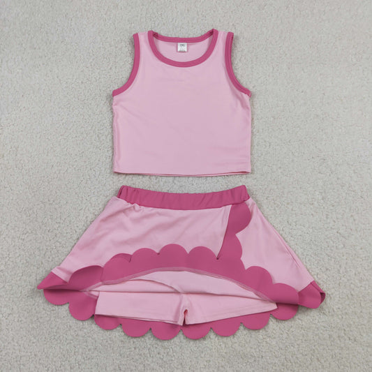 GSD4019 Rose Red Pink Wave Ruffle Sleeveless Top with Skirts for Girls Yoga Sets 202605 RTS