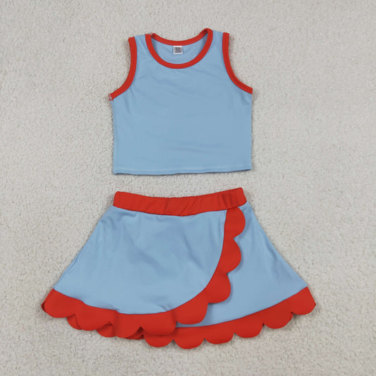 GSD4020 Blue Red Wave Ruffle Sleeveless Top with Skirts for Girls Yoga Sets 202605 RTS