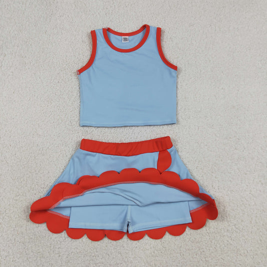 GSD4020 Blue Red Wave Ruffle Sleeveless Top with Skirts for Girls Yoga Sets 202605 RTS