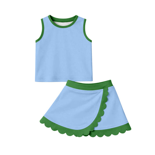 MOQ 30 PCS preorder GSD4021 Blue Green Wave Ruffle Sleeveless Top with Skirts for Girls Yoga Sets 202603