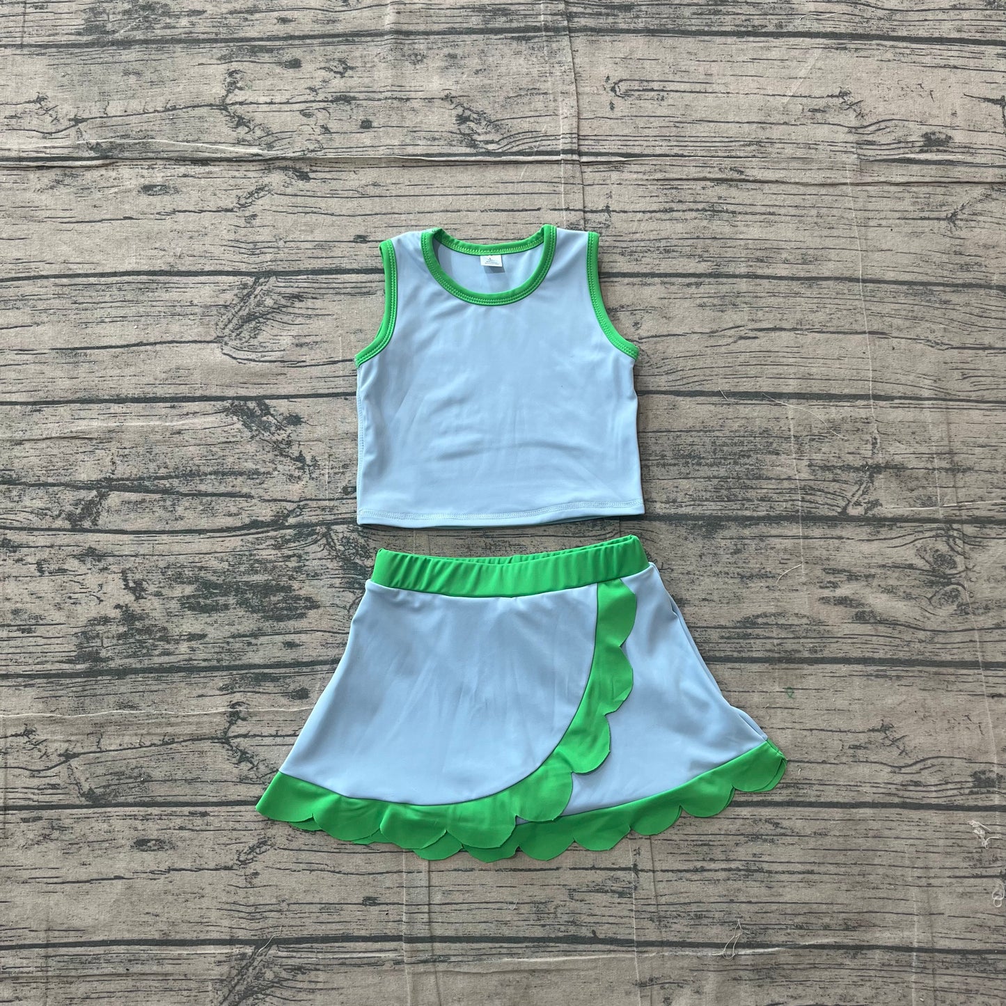 NO MOQ preorder GSD4021 Blue Green Wave Ruffle Sleeveless Top with Skirts for Girls Yoga Sets 202605