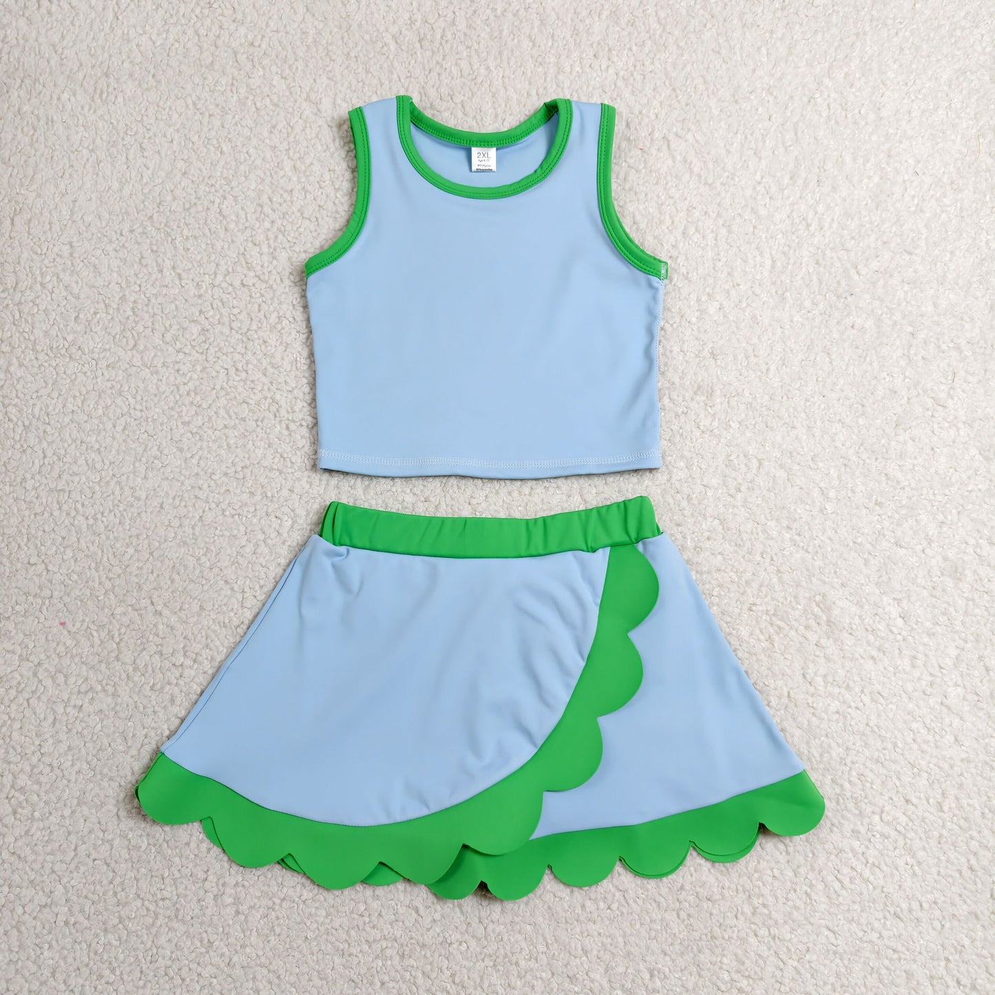 GSD4021 Blue Green Wave Ruffle Sleeveless Top with Skirts for Girls Yoga Sets 202606 RTS