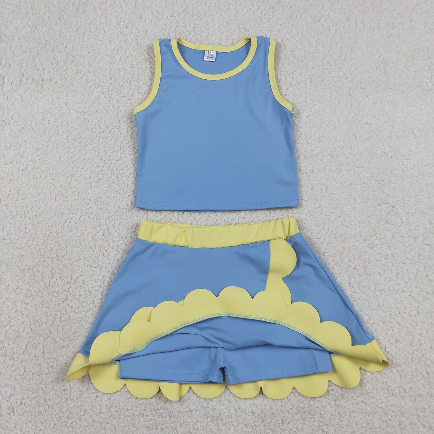 NO MOQ preorder GSD4022 Blue Purple Yellow Wave Ruffle Sleeveless Top with Skirts for Girls Yoga Sets 202605
