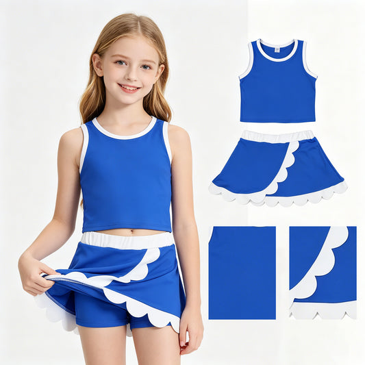 GSD4023 Blue White Yellow Wave Ruffle Sleeveless Top with Skirts for Girls Yoga Sets 202605 RTS