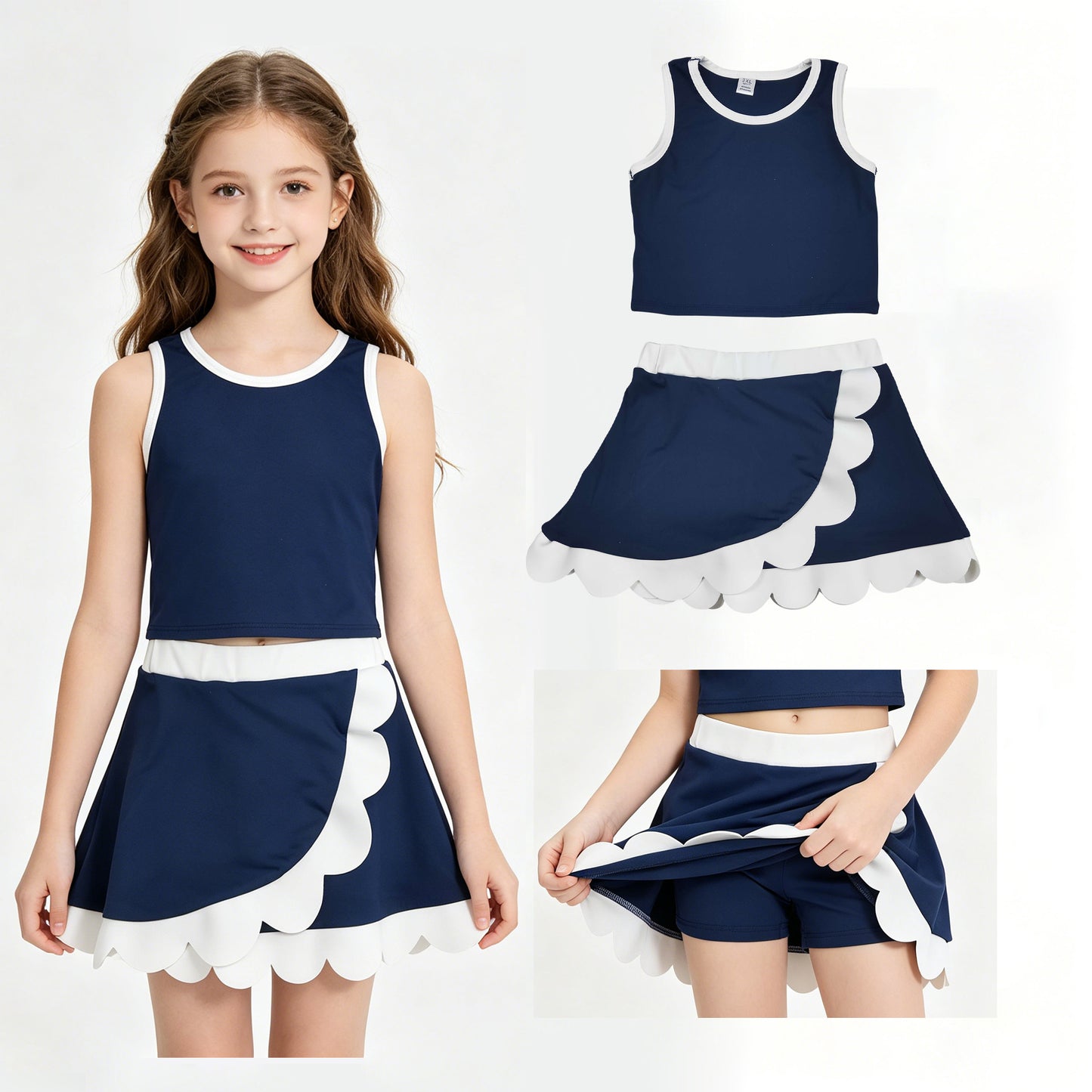GSD4024 Navy White Wave Ruffle Sleeveless Top with Skirts for Girls Yoga Sets 202605 RTS