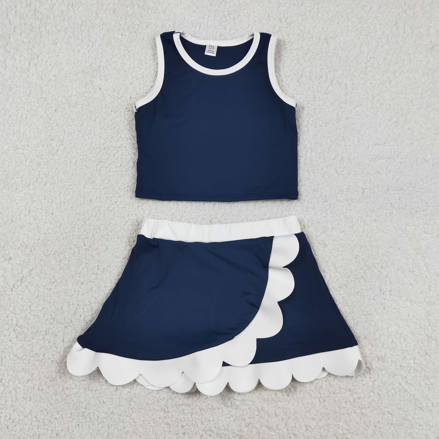 GSD4024 Navy White Wave Ruffle Sleeveless Top with Skirts for Girls Yoga Sets 202605 RTS