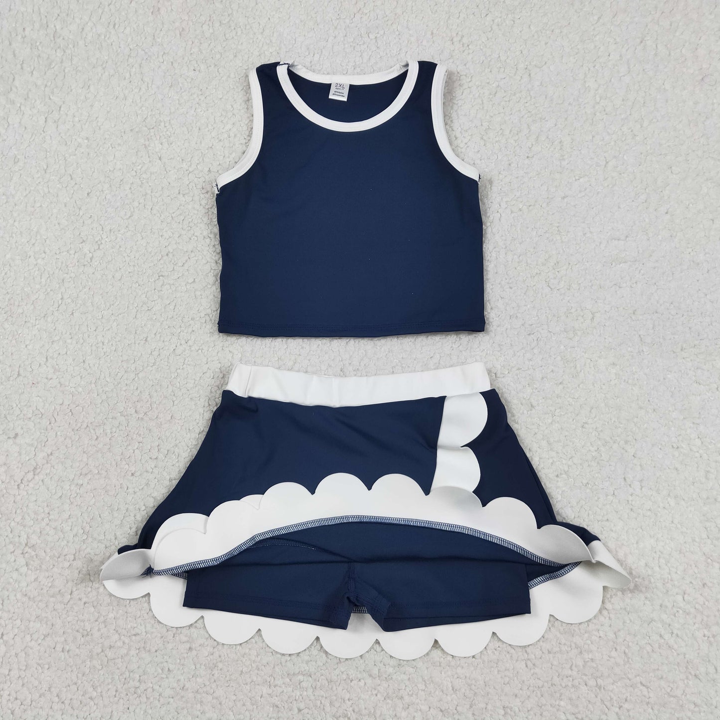 GSD4024 Navy White Wave Ruffle Sleeveless Top with Skirts for Girls Yoga Sets 202605 RTS