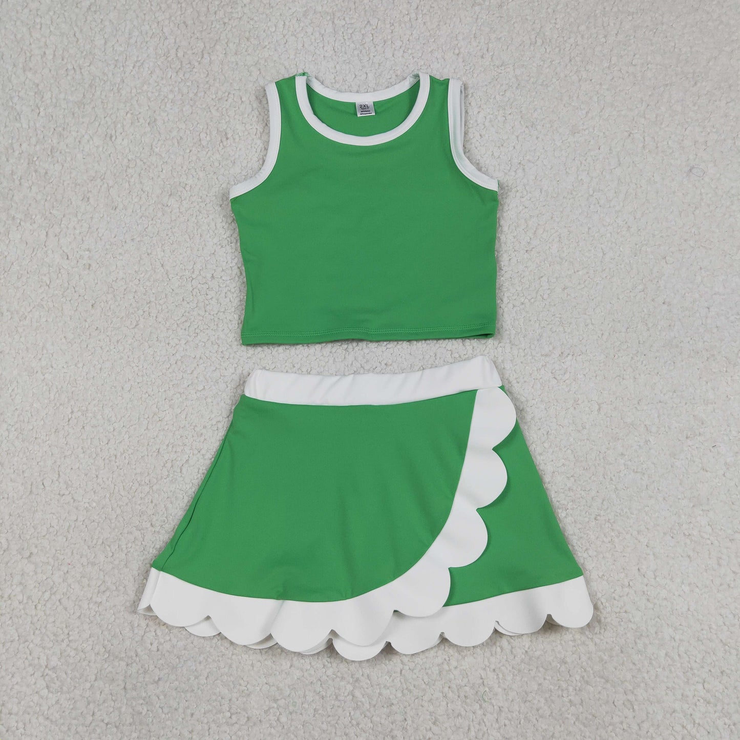 GSD4025 Green White Yellow Wave Ruffle Sleeveless Top with Skirts for Girls Yoga Sets 202605 RTS