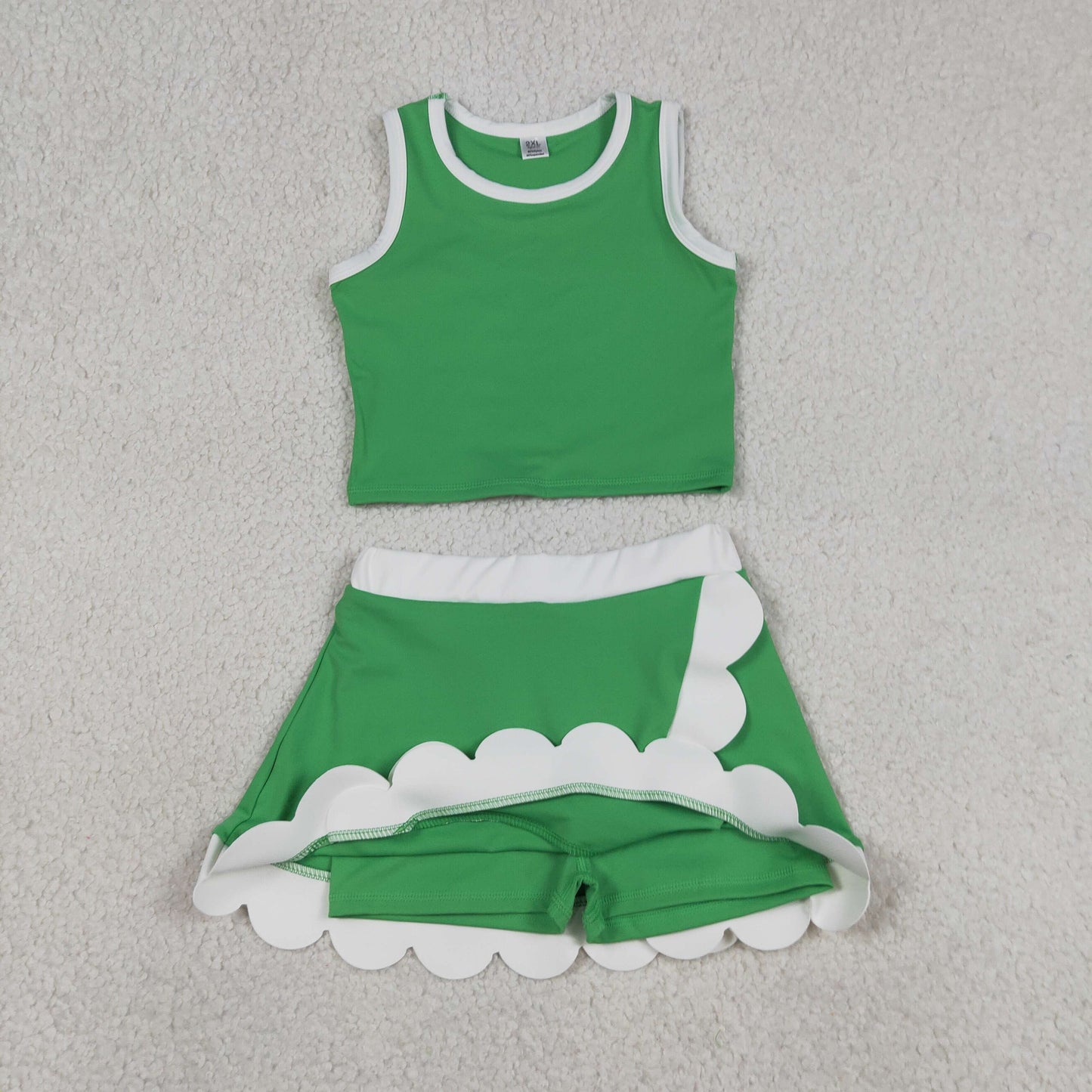 GSD4025 Green White Yellow Wave Ruffle Sleeveless Top with Skirts for Girls Yoga Sets 202605 RTS