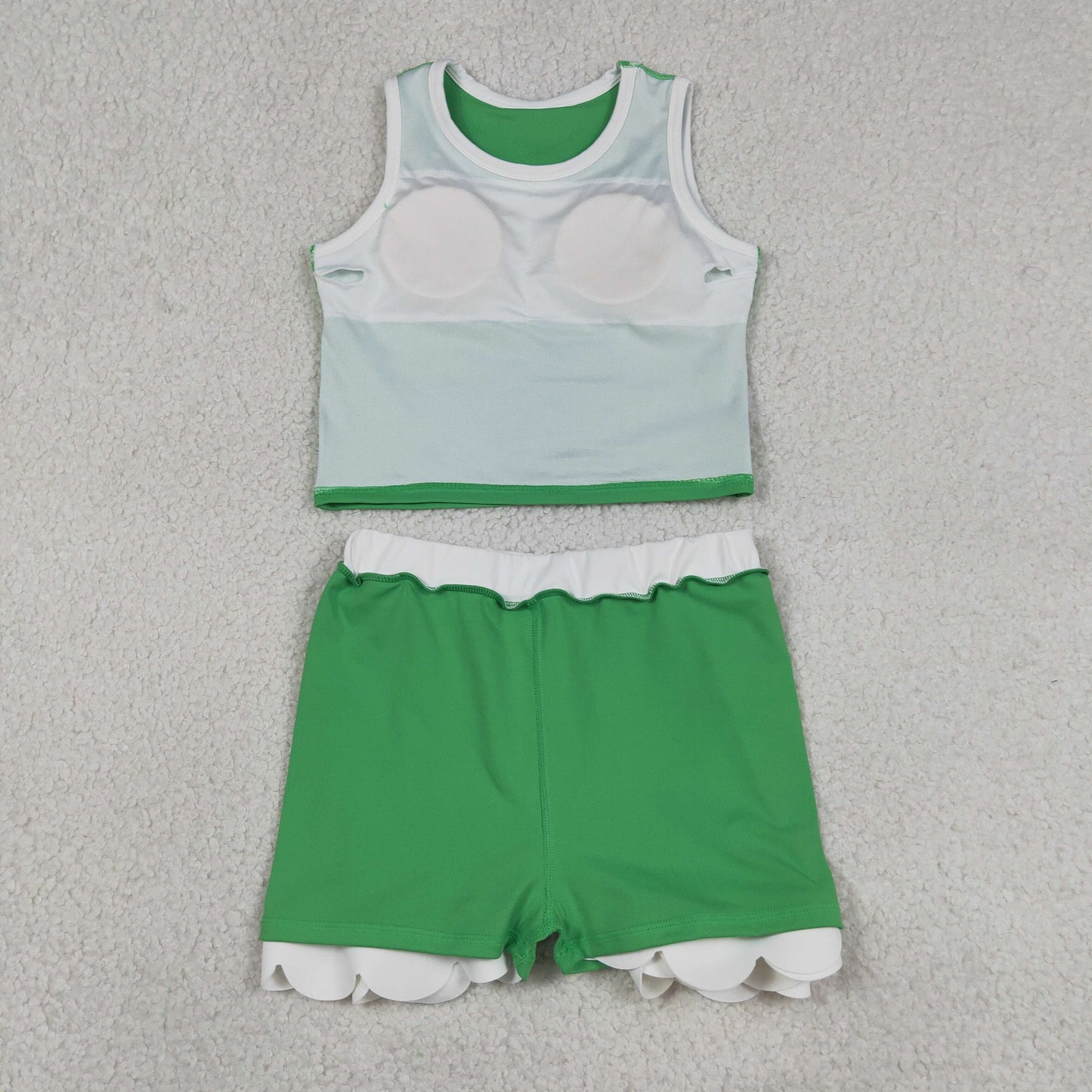 GSD4025 Green White Yellow Wave Ruffle Sleeveless Top with Skirts for Girls Yoga Sets 202605 RTS