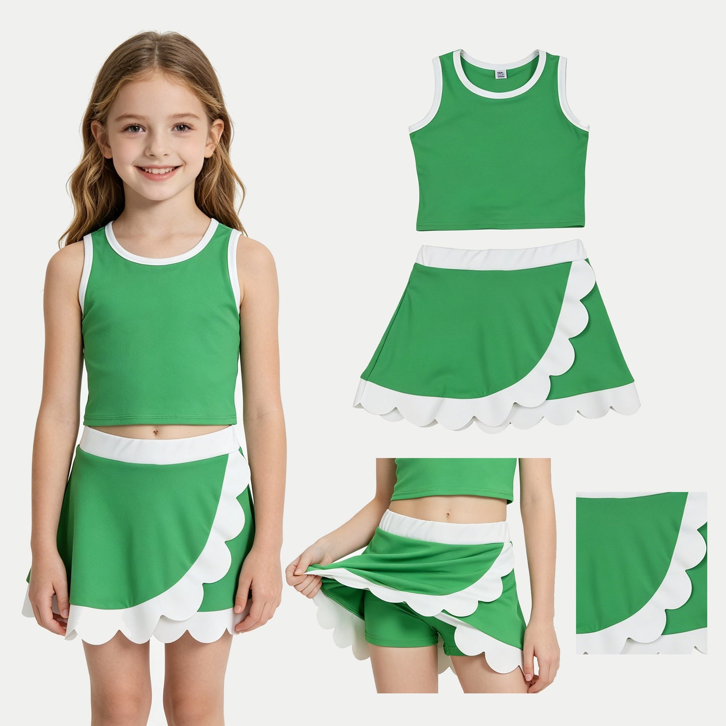 GSD4025 Green White Yellow Wave Ruffle Sleeveless Top with Skirts for Girls Yoga Sets 202605 RTS