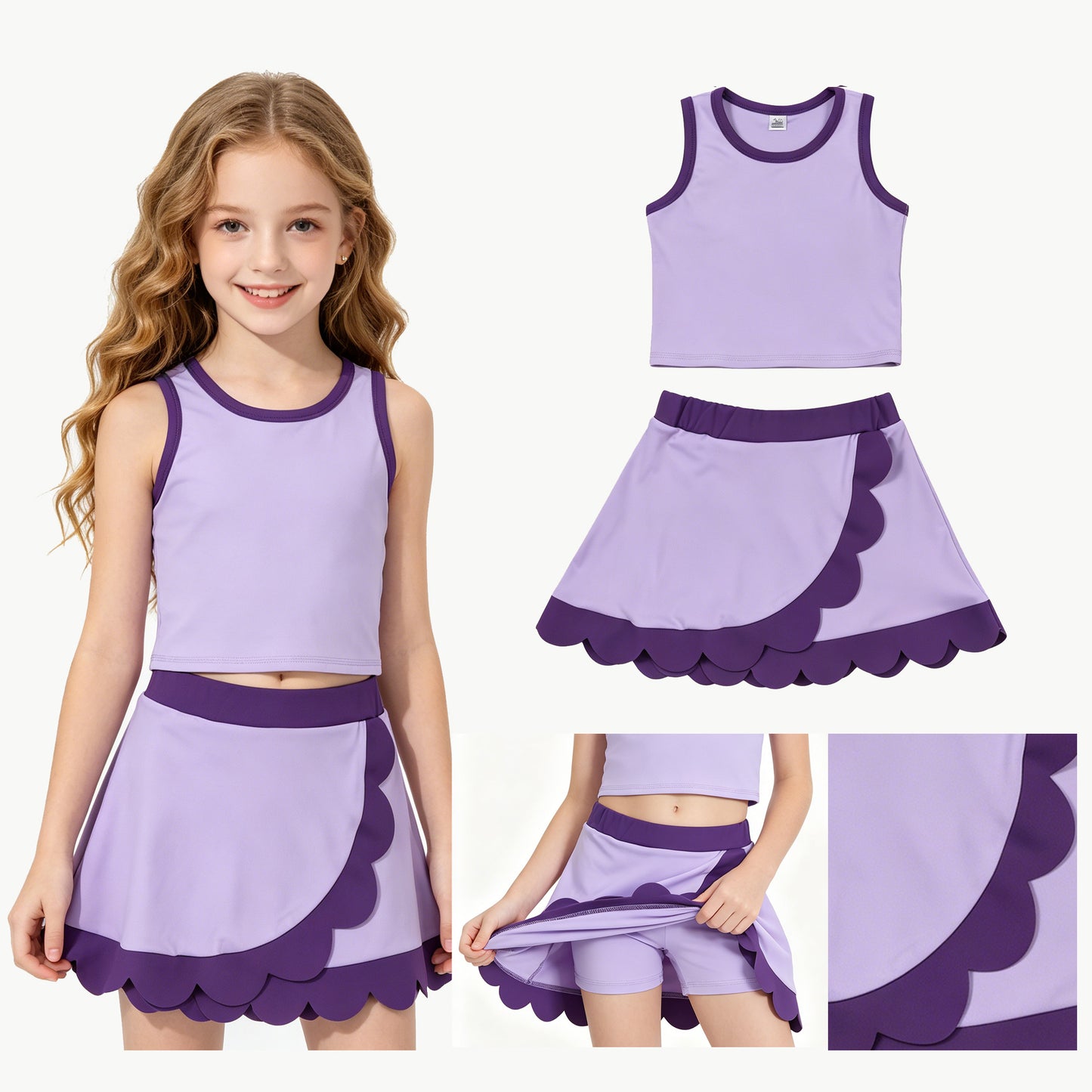 NO MOQ preorder GSD4026 Dark Light Purple Wave Ruffle Sleeveless Top with Skirts for Girls Yoga Sets 202604