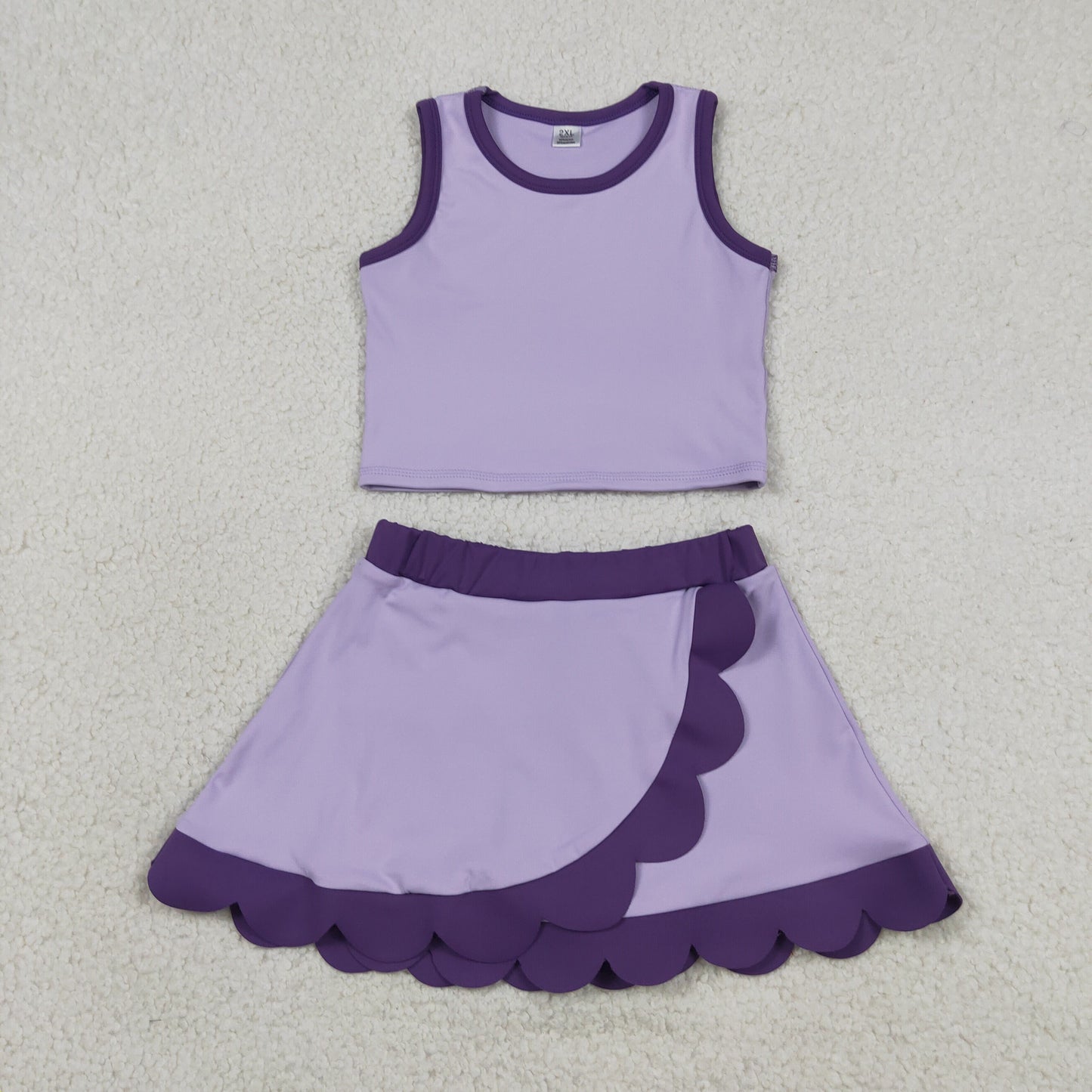NO MOQ preorder GSD4026 Dark Light Purple Wave Ruffle Sleeveless Top with Skirts for Girls Yoga Sets 202604