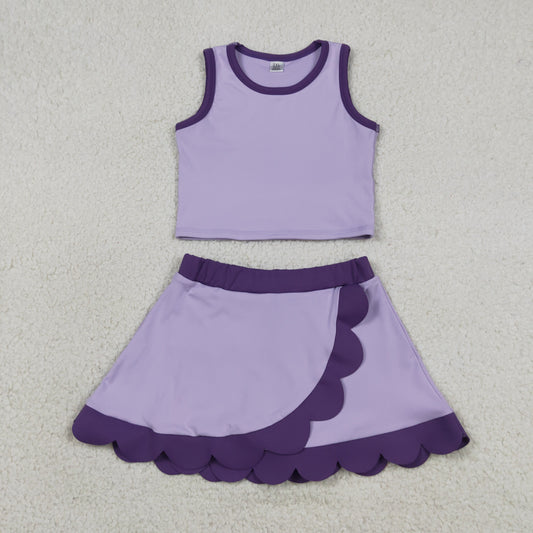NO MOQ preorder GSD4026 Dark Light Purple Wave Ruffle Sleeveless Top with Skirts for Girls Yoga Sets 202604