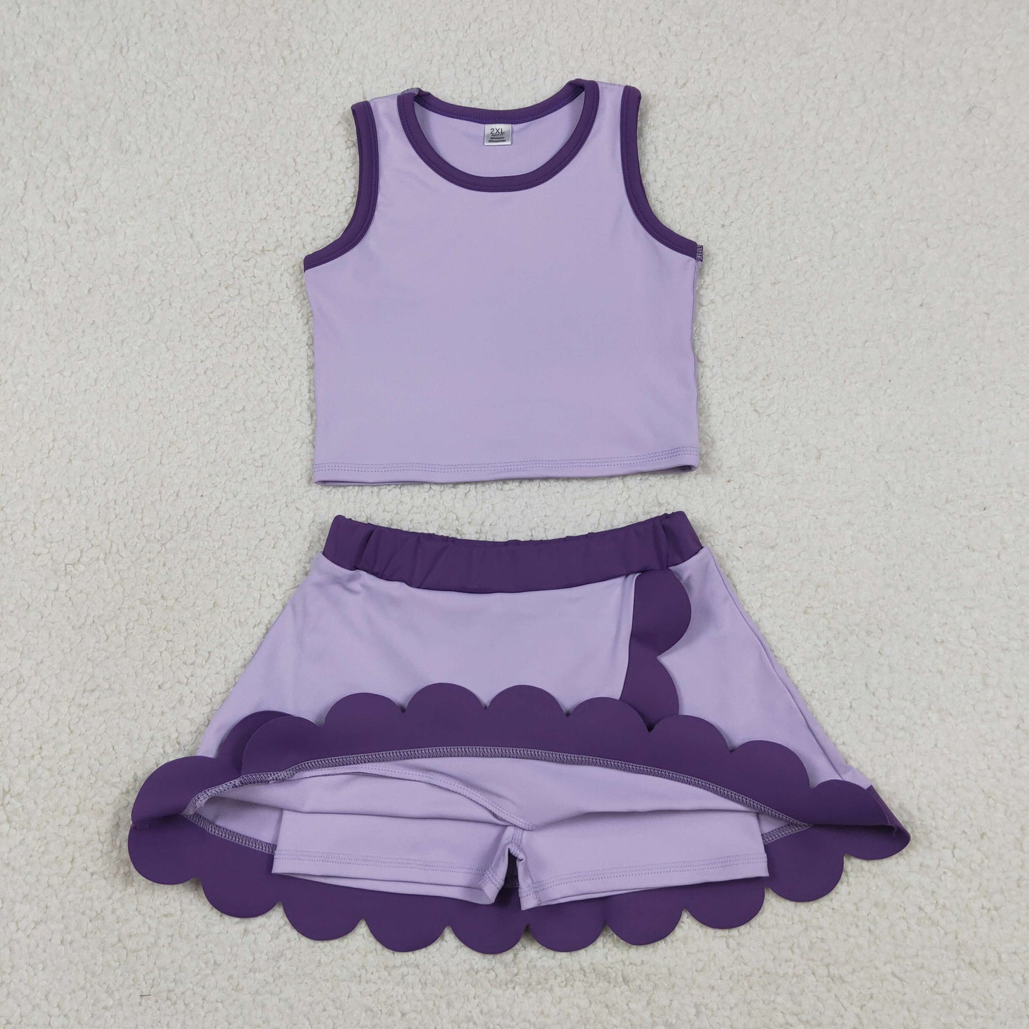 NO MOQ preorder GSD4026 Dark Light Purple Wave Ruffle Sleeveless Top with Skirts for Girls Yoga Sets 202604