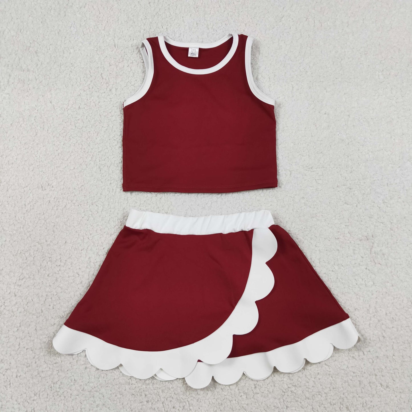 GSD4027 Dark Red White Yellow Wave Ruffle Sleeveless Top with Skirts for Girls Yoga Sets 202605 RTS