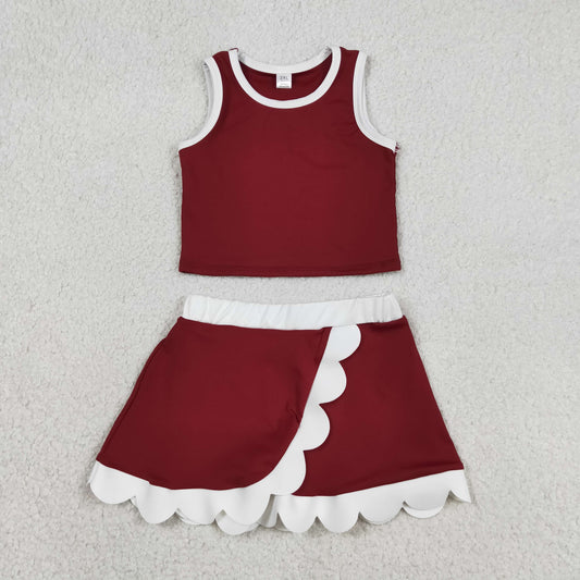 GSD4027 Dark Red White Yellow Wave Ruffle Sleeveless Top with Skirts for Girls Yoga Sets 202605 RTS