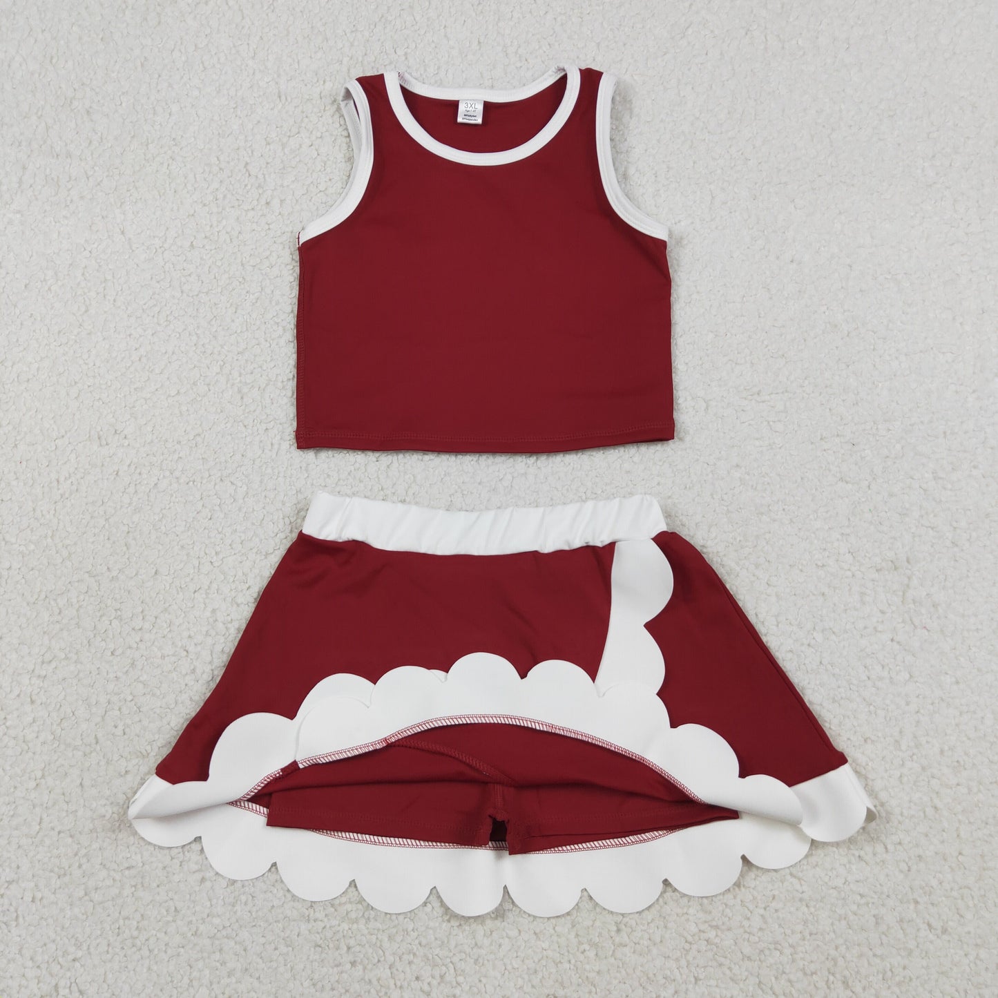 GSD4027 Dark Red White Yellow Wave Ruffle Sleeveless Top with Skirts for Girls Yoga Sets 202605 RTS