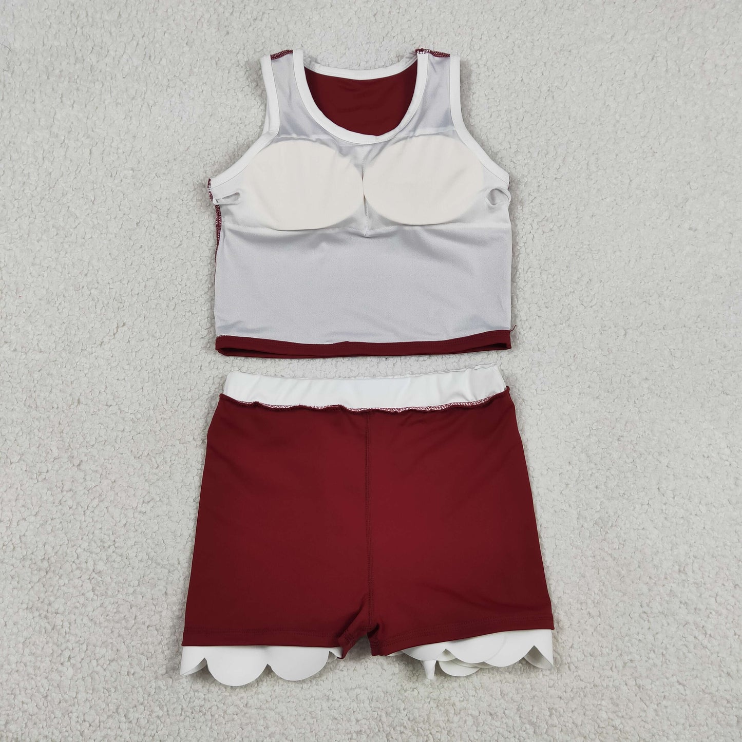 GSD4027 Dark Red White Yellow Wave Ruffle Sleeveless Top with Skirts for Girls Yoga Sets 202605 RTS