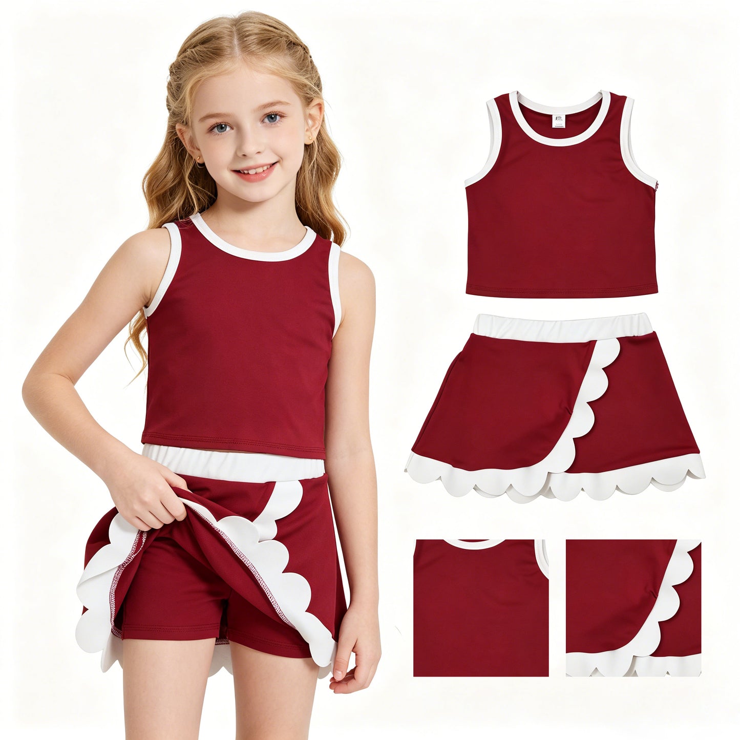 GSD4027 Dark Red White Yellow Wave Ruffle Sleeveless Top with Skirts for Girls Yoga Sets 202605 RTS
