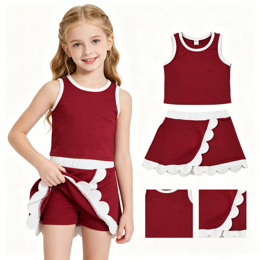 GSD4027 Dark Red White Yellow Wave Ruffle Sleeveless Top with Skirts for Girls Yoga Sets 202605 RTS