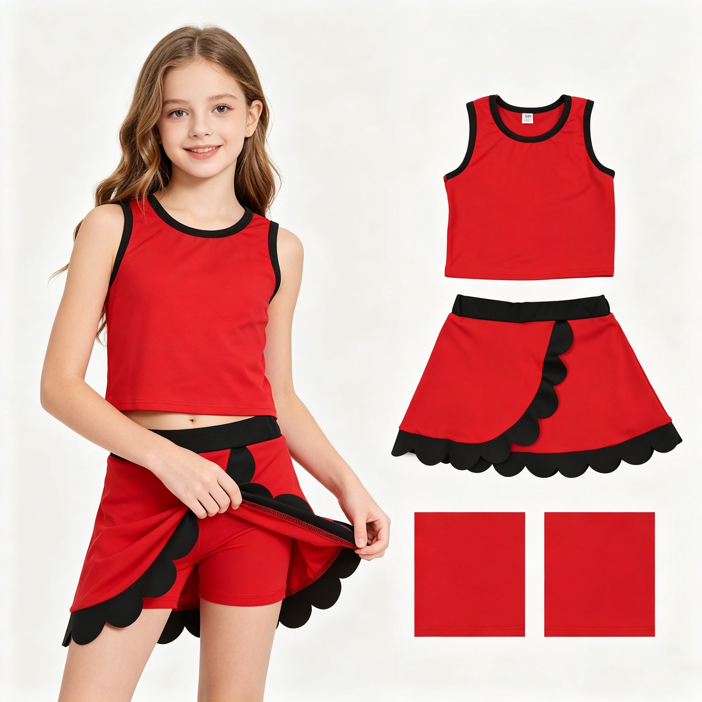 GSD4028 Dark Red Black Wave Ruffle Sleeveless Top with Skirts for Girls Yoga Sets 202605 RTS