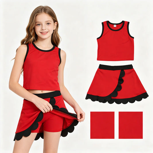GSD4028 Dark Red Black Wave Ruffle Sleeveless Top with Skirts for Girls Yoga Sets 202605 RTS
