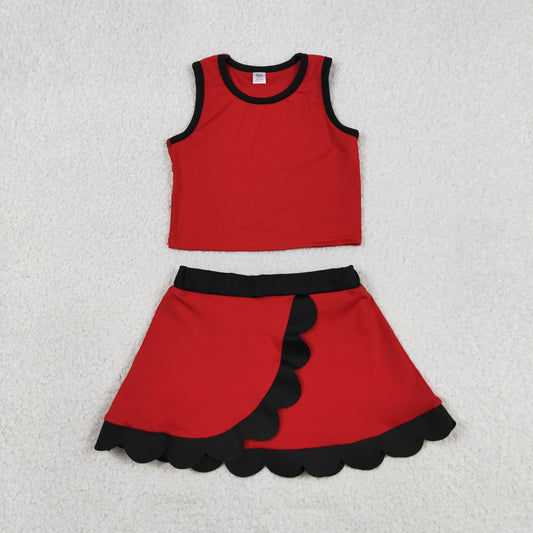 GSD4028 Dark Red Black Wave Ruffle Sleeveless Top with Skirts for Girls Yoga Sets 202605 RTS