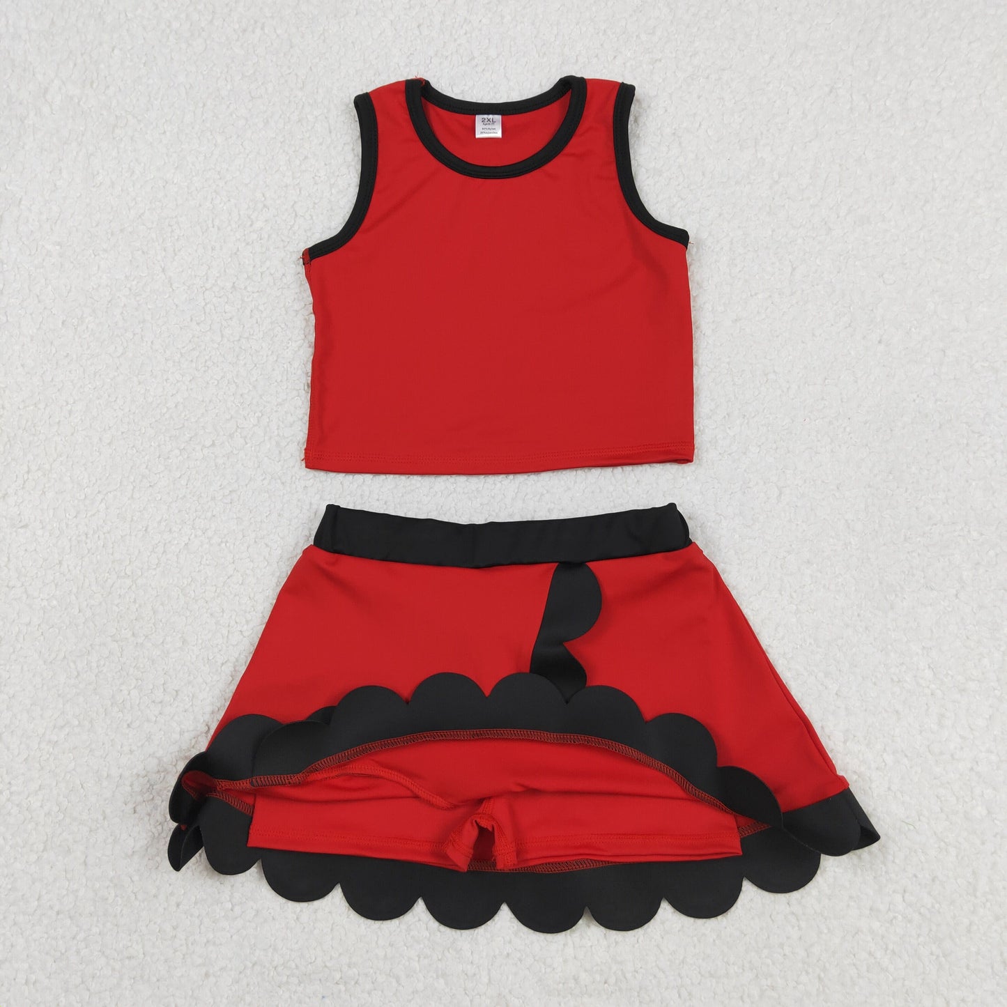 GSD4028 Dark Red Black Wave Ruffle Sleeveless Top with Skirts for Girls Yoga Sets 202605 RTS