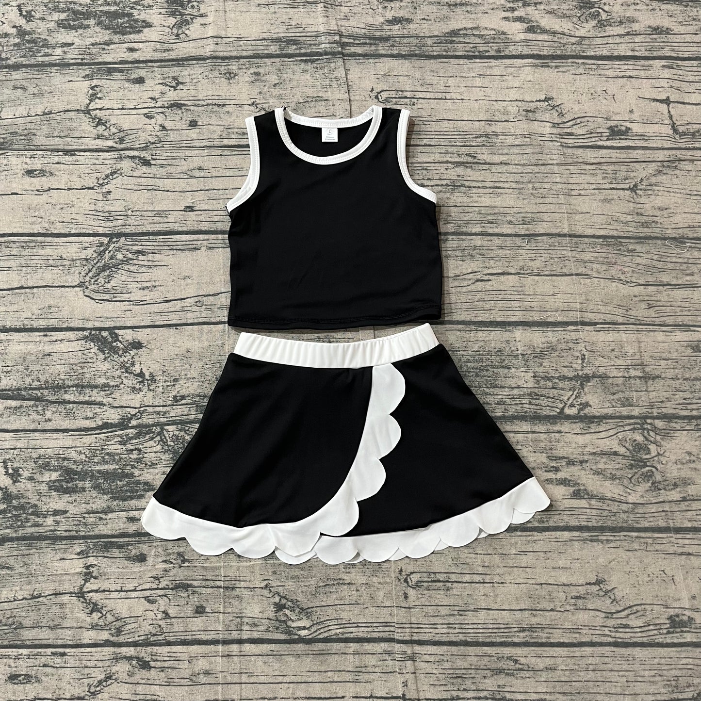 NO MOQ preorder GSD4029 Black White Wave Ruffle Sleeveless Top with Skirts for Girls Yoga Sets 202604