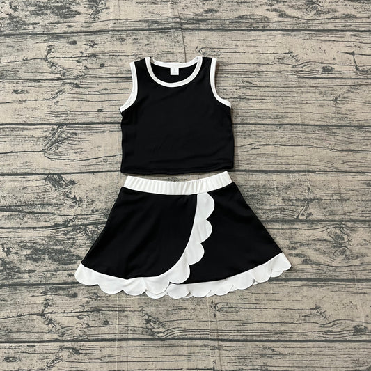 NO MOQ preorder GSD4029 Black White Wave Ruffle Sleeveless Top with Skirts for Girls Yoga Sets 202604