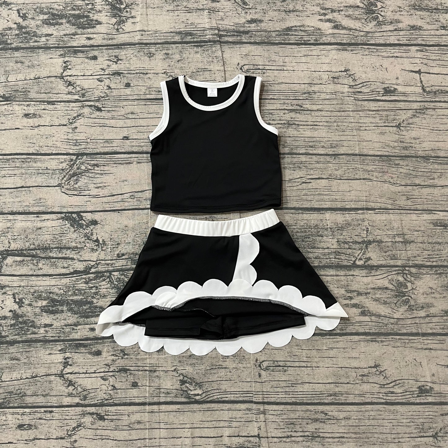 NO MOQ preorder GSD4029 Black White Wave Ruffle Sleeveless Top with Skirts for Girls Yoga Sets 202604