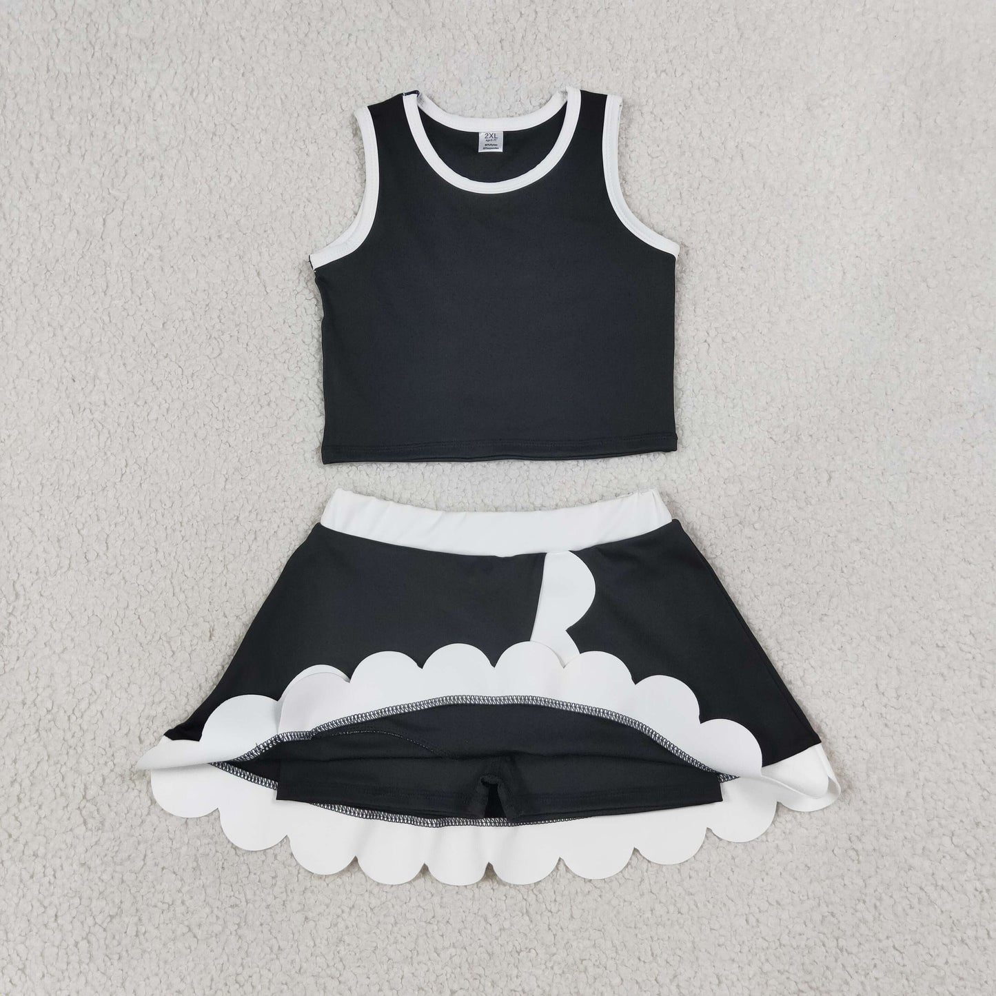 GSD4029 Black White Wave Ruffle Sleeveless Top with Skirts for Girls Yoga Sets 202607 RTS