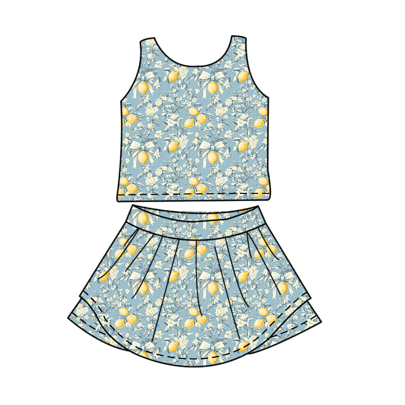 MOQ 5 PCS preorder GSD4030 Lemon Bows Flower Gray Blue Sleeveless Top with Skirts for Girls Yoga Sets 202603