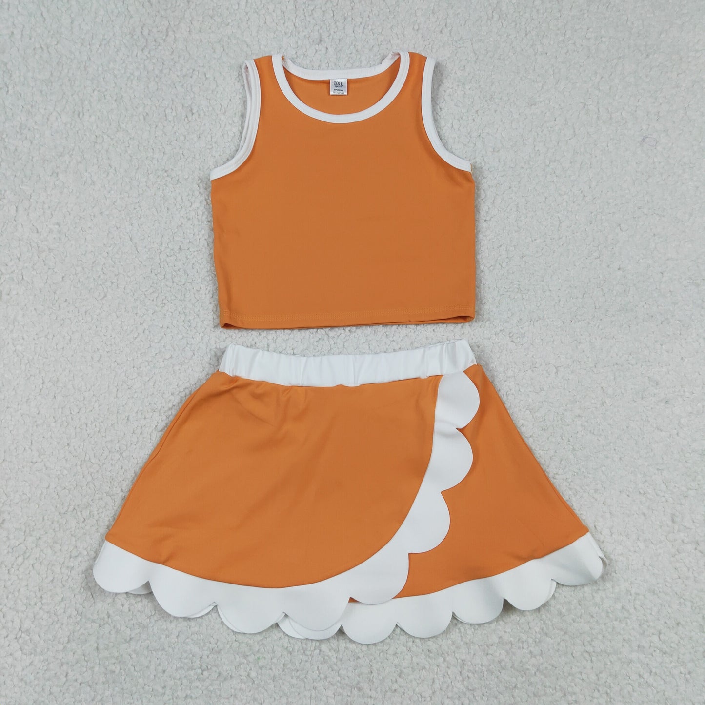 GSD4033 Orange White Patchwork Wave Ruffle Sleeveless Top with Skirts for Girls Yoga Sets 202605 RTS