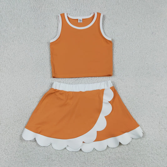 GSD4033 Orange White Patchwork Wave Ruffle Sleeveless Top with Skirts for Girls Yoga Sets 202605 RTS