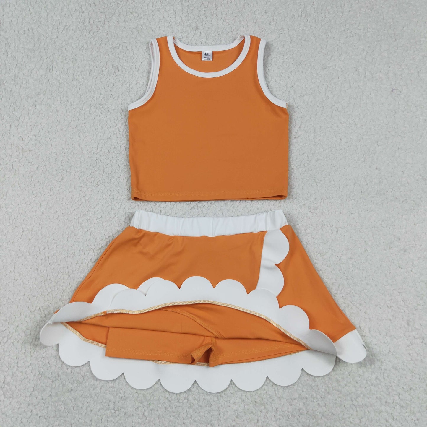 GSD4033 Orange White Patchwork Wave Ruffle Sleeveless Top with Skirts for Girls Yoga Sets 202605 RTS