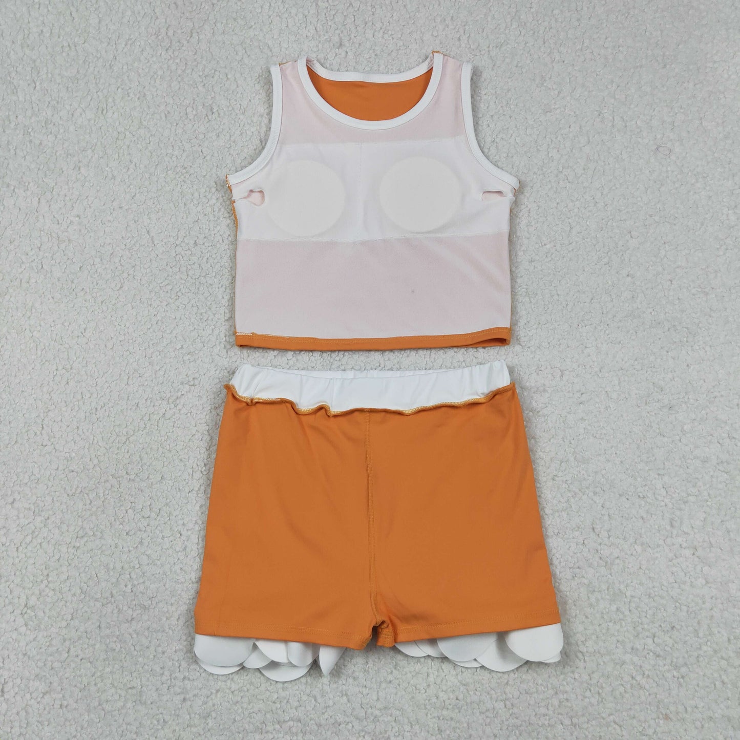 GSD4033 Orange White Patchwork Wave Ruffle Sleeveless Top with Skirts for Girls Yoga Sets 202605 RTS